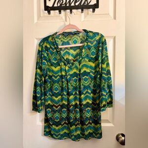 Susan Graver Green & Blue Sheer 3/4 Sleeves Pleated V-Neck Bead Accents Large